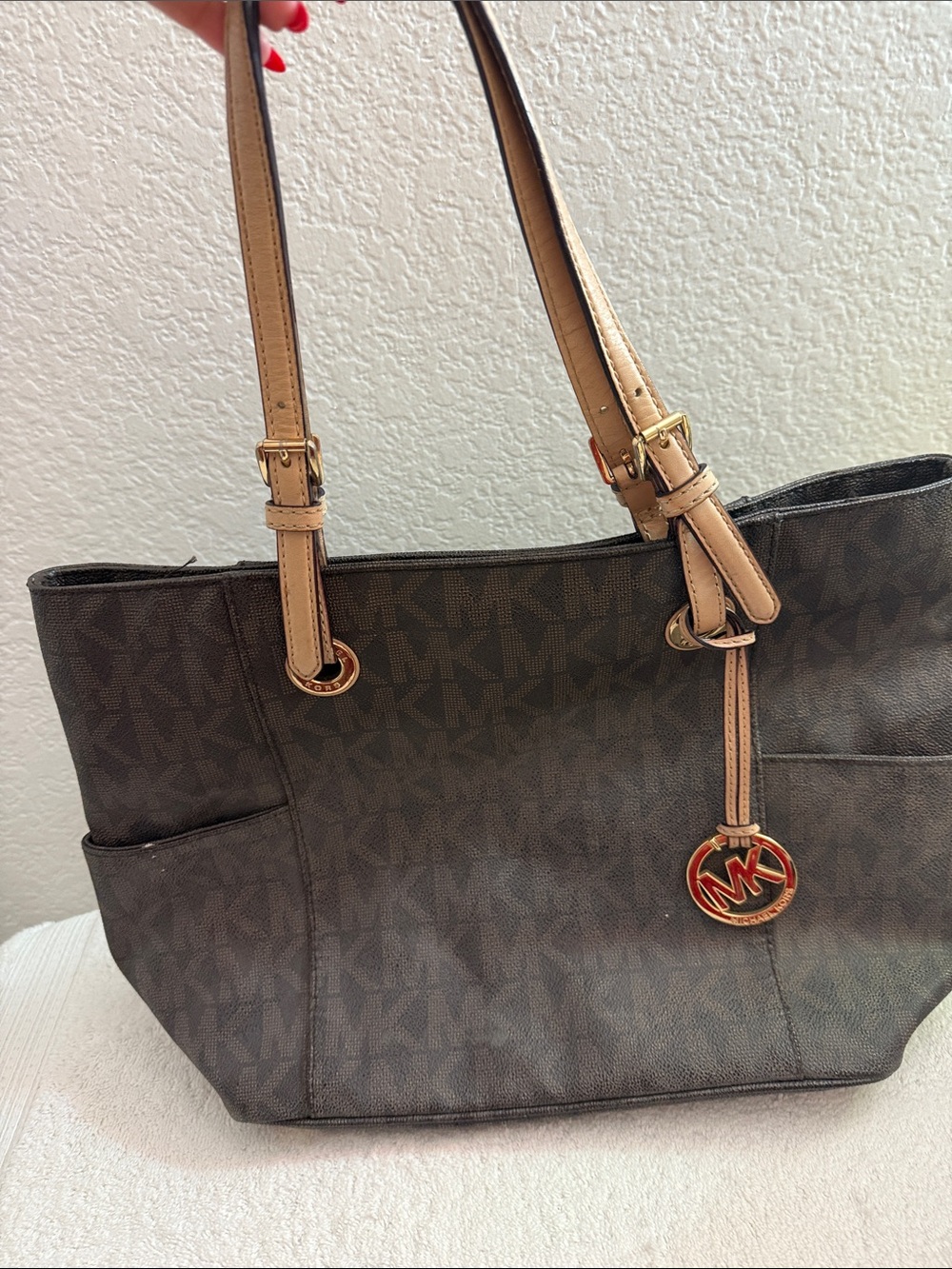 Michael Kors Brown Logo Tote with Tan Leather Straps and Gold MK Charm